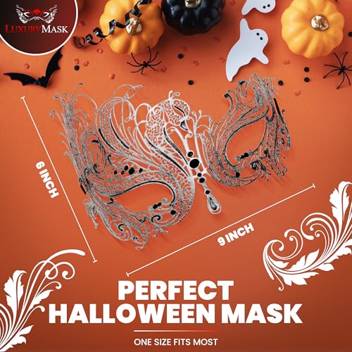 Image of Metal Filigree Masquerade Mask for Women - Swan Style Mask with Rhinestones for Mardi Gras, Prom, Halloween & Venetian Party