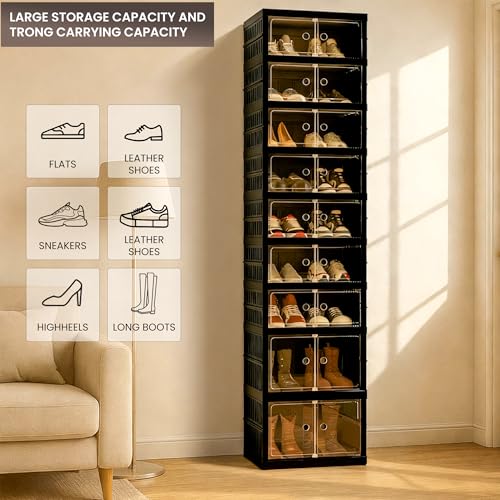 Image of Foldable Shoe Organizer Storage Box Set of 2, Portable Extra Large Folding Shoe Rack for Closet, Shoe Storage Box with Magnetic Transparent Door and Wheels, 9 Layers 18 Grids with 4 Big Grids