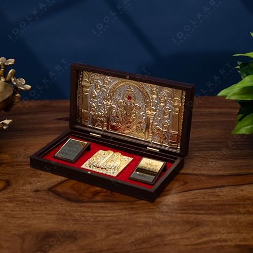 Image of Idolkart Ganesh Pocket Temple 24 Karat Gold Coated - Ganeshji Photo Frame, Gift, Vinayaka Photo, Ganesh Charan Paduka for Wealth, Prosperity and Vastu Benefits - gift for diwali, occassions - 4x8 Inch