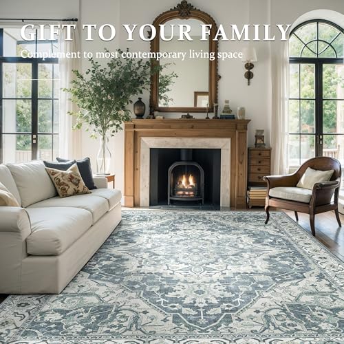 Deerly Large Washable Living Room Rugs 9x12 Boho Vintage Area Rug Indoor Bedroom Carpet with Non Slip Rubber Backing for Under Dining Table Office Farmhouse, Canal Blue/Multi