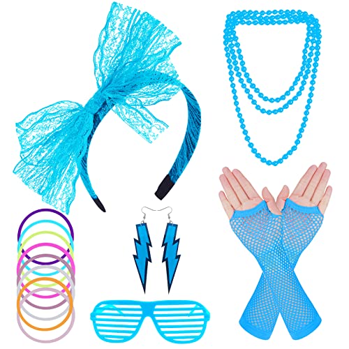 ONUPGO Ensemble d'accessoires de costume des années 80 pour femme, déguisement des années 80, bandeau fluo, boucles d'oreilles, gants, collier pour fête rétro des années 80 Cover