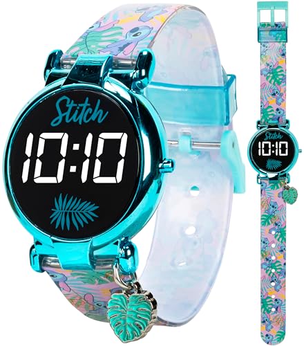 Accutime Kids Disney Lilo and Stitch Blue Digital LED Quartz Childrens Wrist Watch for Boys, Girls, Toddlers with Blue Multicolor Character and Hanging Charm (Model: LAS4033AZ)