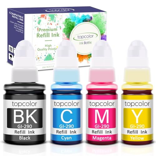 Topcolor GI-290 G3200 G4210 Ink Refill Compatible for Canon GI-290 GI 290 GI290 Ink Bottles Kit Compatible for Canon G3200 G4210 G4200 G2200 G1200 Printer (Black, C/M/Y Color Ink, 4 Pack)
