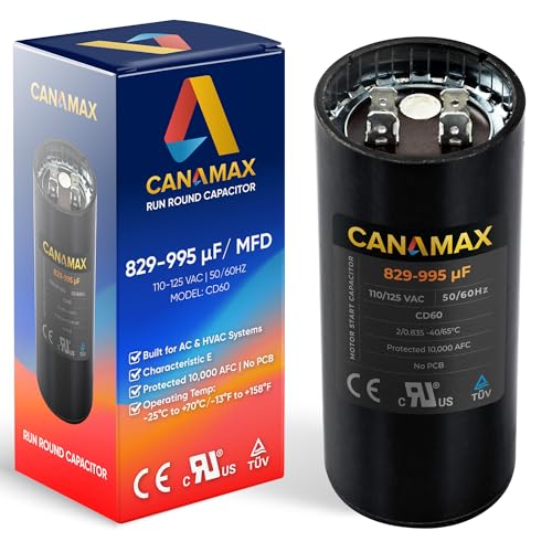 Canamax 829-995 uf MFD 110-125 VAC Volts CD60 Round Motor Start Capacitor 50/60 Hz AC Electric - Compatible with Single Phase Motor Capacitors Condenser Straight Cool Heat Pump Air Conditioner