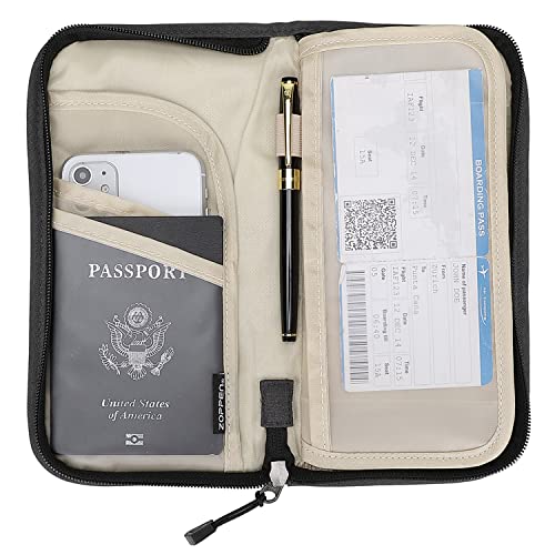 Image of ZOPPEN Passport Holder Family RFID Passport Wallet, Passport Holder Women /Men, Travel Wallet Documents Organizer Zipper Case with Removable Wristlet Strap, Travel Essentials for Flying, #01 Black, One