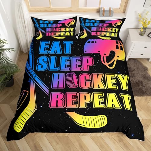 Ice Hockey Duvet Cover Toddler,Kids Sport Hockey Sticks Helmets 2 Pieces Duvet Cover,Rainbow Colorful Gradient Comforter Cover (Not Comforter),Glitter Starry Sky Quilt Cover