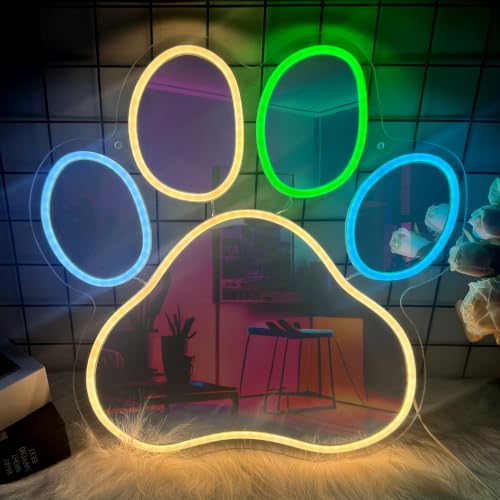 VENCUBI Paw Print Mirror Neon Sign - Dog & Cat Paw LED Neon Light for Pet Shop, Kids Bedroom, Nursery Wall Decor, Cute Animal Mirror Art, Pet Lover Gifts, USB Powered Dimmer Switch 16x16in