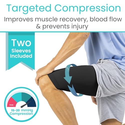 vive thigh compression sleeve 2 pack hamstring brace for upper thigh - breathable leg support wrap for men amp women - non slip elastic sleeve for pain relief groin sciatica amp quadriceps tendonitis