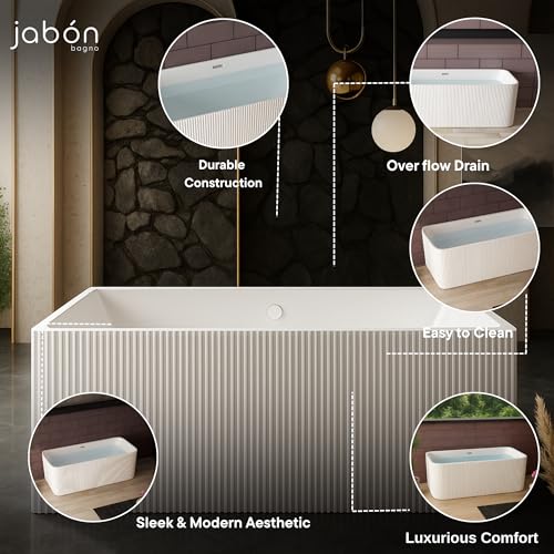 Image of CRUZ Freestanding Bathtub 170 cm - White Glossy Acrylic Soaking Tub with Overflow Drain, Brass Pop-Up Waste & Waste Pipe, 6-Layer Reinforced Standalone Bath Tub