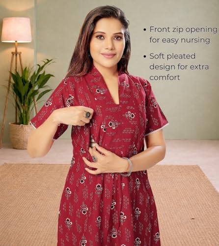 Image of Momenta Women's Pure Cotton Maternity Kurta Set | Feeding Kurti with Concealed Zippers | Maternity Dress for Pre & Post Pregnancy