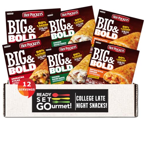 Ready Set Gourmet College Late Night Snacks- 2 Hot Pocket Big & Bold Buffalo Style Chicken- 2 Sriracha Steak- 2 Chicken Bacon Branch- Ready Set Gourmet Donate a Meal Program - 2 of Each, Total 6 Boxes