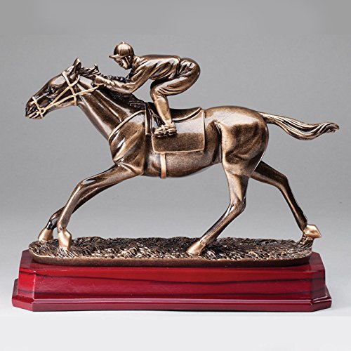 SHOP AWARDS AND GIFTS Customizable 9-1/2 Inch Antique Brass Finish Resin Horse Racer Jockey Trophy, Includes Personalization