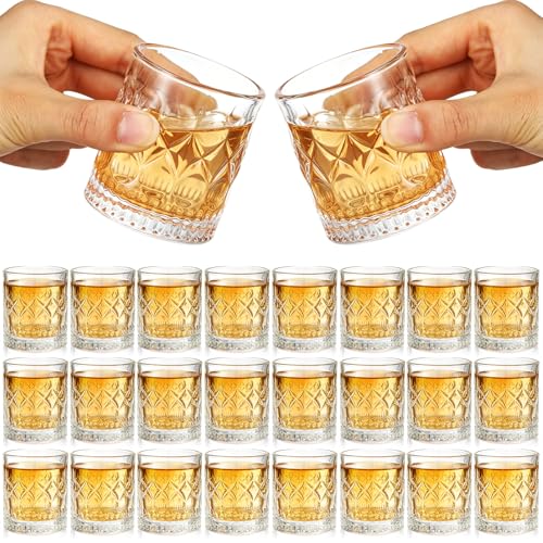 Meanplan 24 Pcs Mini Whiskey Tasting Set - 3.4oz Heavy Base Crystal Rocks Glasses - Vintage Engraved Small Bourbon & Whiskey Tasters for Bar Parties and Flight Samplings(Xo)