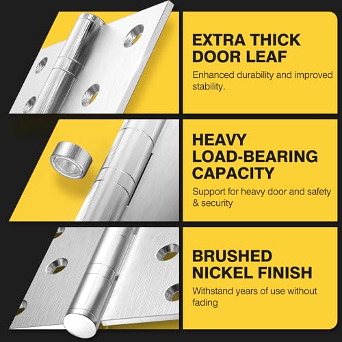 KOLET Ball Bearing Door Hinges, 5 x 4 Inches Door Hinges, Square Corner with Extra Thick 3mm, Heavy Duty Stainless Steel, Suitable for Hotel and Building, Smooth and No Squeak, Brushed Nickel, 3 Pack by Kolet - Image 5