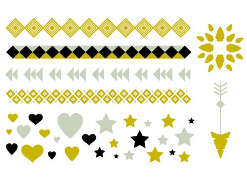 Metallic Gold, Silver and Black Temporary Tattoo Party Set - Hearts, Stars, Arrow