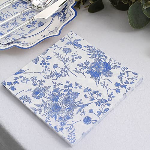 Tableclothsfactory 20 Pack | White/Blue Chinoiserie Floral Print 2-Ply Paper Napkins, Disposable Dinner Napkins