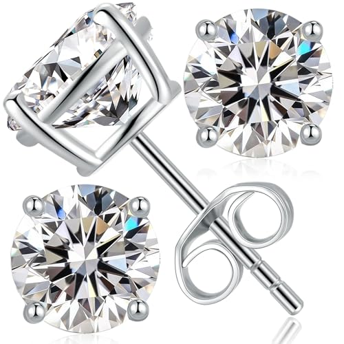 Moissanite Stud Earrings 18K White Gold Plated Sterling Silver Stud Earrings for Women Men Hypoallergenic Round Cut D Color VVS1 Clarity Lab Created Simulated Diamond Earrings 0.3-2ct Screw Back Push Back