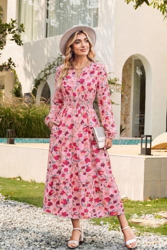 Image of GRACE KARIN Women's Floral Maxi Dress 2026 Fall Long Sleeve V Neck Empire Waist A Line Flowy Dress with Pocket
