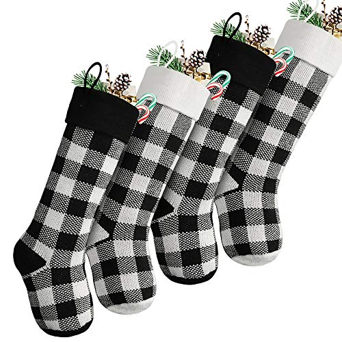 LimBridge-Knit-Christmas-Stockings-4-Pack-18-inches-Knitted-Christmas-Decorations-with-Buffalo-Plaid-Pattern-for-Family-Holiday-Season-Decor-Black-and-White LimBridge Knit Christmas Stockings 4 Pack 18 inches Knitted Christmas Decorations with Buffalo Plaid Pattern for Family Holiday Season Decor Black and White
