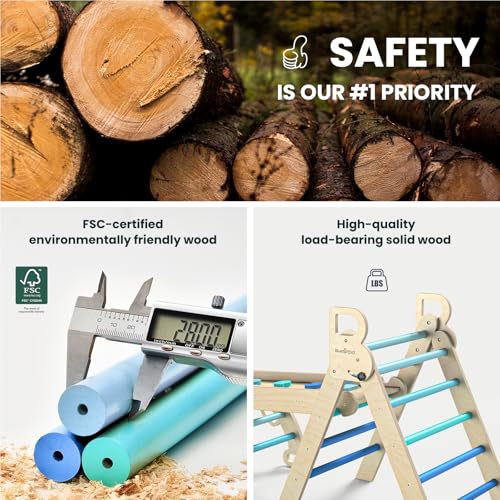Image of BlueWood Pikler Triangle Set, Foldable Wooden Toddler Climbing Toys Indoor Playground Jungle Gym Montessori Philosophy Climber for 2-6 Years Old, Baby, Kids (Sky Blue)