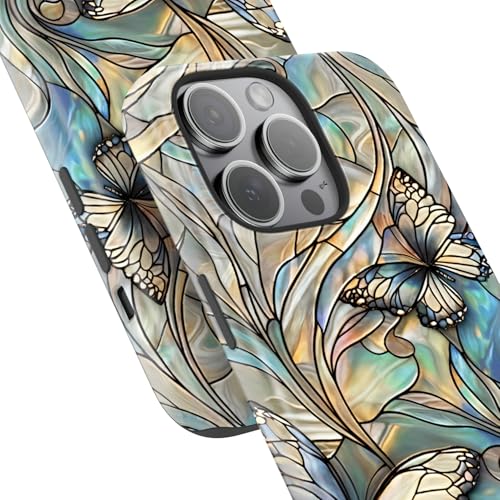 Image of Goodon for iPhone 14 Pro Max Case Cute - Wireless Charging Compatible - Dual-Layer Hard Shell + Silicone Cover - Protective Phone Case with Trendy Designs for Women - Butterflies Blue Gold
