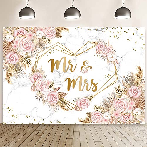 MEHOFOND 10x7ft Pink Boho Floral Mr and Mrs Backdrop for