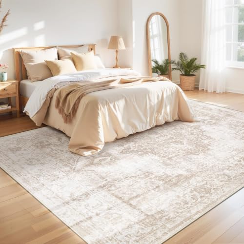 Image of Area Rug 8x10 Vintage Rug: Large Washable Indoor Medallion Rugs Low Pile Distressed Floor Carpet Retro Accent Rug for Living Room Bedroom Kitchen Dining Table Home Office(Beige, 8'x10')