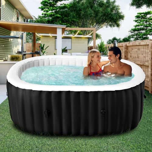 2 Person Inflatable Hot Tub with Side Table, Oval Blow Up Portable Hot Tub, Leak-Proof PVC Outdoor Spa with 100 Strong Air Jets, Heater Pump and Insulated Cover, 75” X 47”X 25”