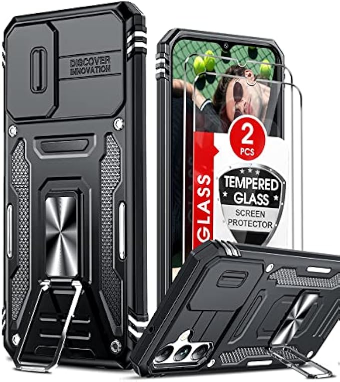 LeYi Galaxy A14 5G Phone Case, Samsung A 14 Case with 2 Pack Screen Protectors, Heavy Duty Shockproof Case with Slide Camera Cover, Magnetic Rotatable Ring Kickstand for Samsung Galaxy A14 5G, Black