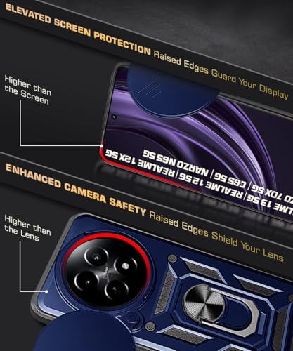 Image of WOW IMAGINE Tough Armor Bumper Mobile Back Case for Realme 13 5G | Realme 12 5G | 12X 5G | Narzo 70x 5G | C65 5G | N65 | Sliding Camera Shield Cover | Hybrid PC + TPU | Ring Holder with Stand - Blue