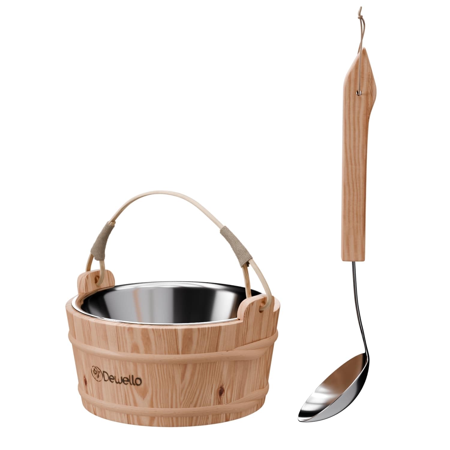 Dewello® Saunaeimer inkl. Kelle mit Edelstahleinsatz, Fassungsvermögen ca. 3 Liter, Hemlock-Holz, Bambusstreben | Das Saunazubehör für Zuhause