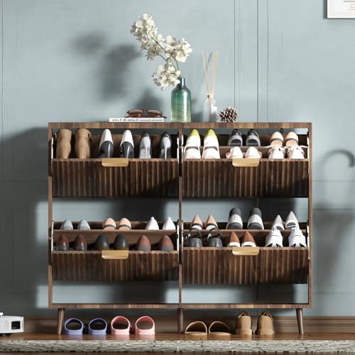 Image of Shoe Cabinet Storage,Modern Freestanding Organizer with 4 Flip Drawers,Narrow Shoe Rack Cabinet for Entryway,Walnut