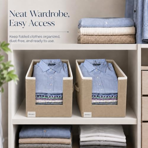 Image of VERVENIX Shirt Stacker Set of 2, Non Woven Foldable Clothes Storage Organizer with Handle, Wardrobe Closet Organizer, Space Saving Cloth Organizer for T-Shirts, Shirts, Jeans, Beige