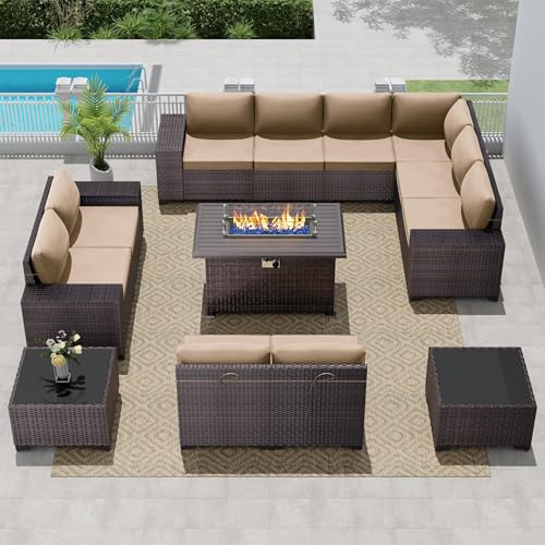 Image of 13 PCS Outdoor Patio Furniture Set,Outdoor Sectional Furniture with 43 inch 55000 BTU Gas Propane Fire Pit Table,All Weather PE Rattan Wicker Patio Conversation Set,Sand