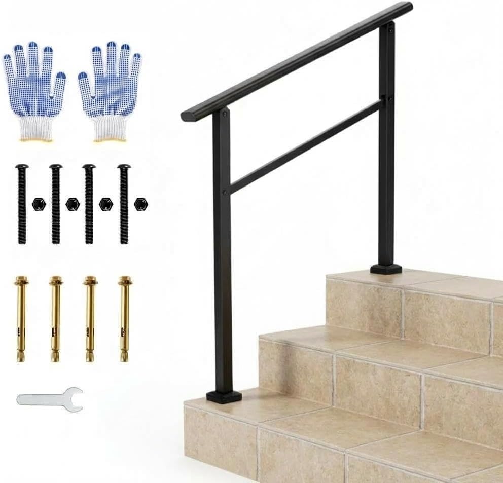 Black Aluminum Stair Handrail Kit for 3 Steps - Outdoor & Indoor, Powder-Coated Safety Grab Bar for Seniors, Iron Posts, Easy DIY Install, Hardware & Gloves Included - 1 Pack | 3 Steps | Place