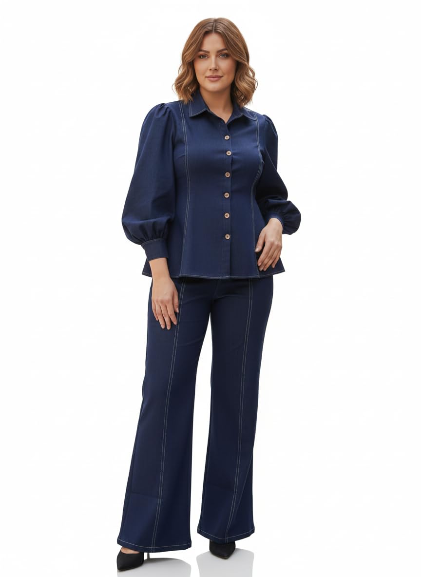 Women’s Solid Denim Co-Ord Set with Puff Sleeve Top & Palazzo Pants (IN, Alpha, M, Blue)-image-21