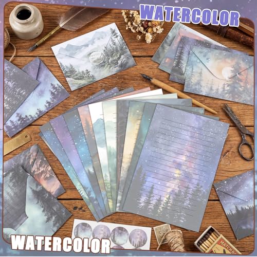 Image of TaoBary 160Pcs Whimsical Watercolor Illustration Stationery Paper and Envelopes Set 50 Double Sided Stationery Paper & 50 Matching Envelopes & 60 Round Dot Sticker 5.5 x 8.25''writing Papers, 10design