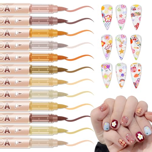 Image of IONSGAKO 12 Colors Nail Art Pens Set, Nail Polish Pens Quick Dry, Yellow | 3D Acrylic Paint Nail Art Markers for Nails Drawing Painting Dotting Liner, Home DIY Nail Art Design Kit Manicure Tools