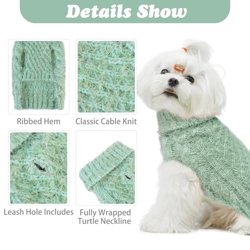 Image of Turtleneck Small Dog Sweaters - Classic Cable Knitwear Winter Coat for Small Medium Dogs Male Female Puppy Dog Cold Weather Clothes Girls Boys, Green, M