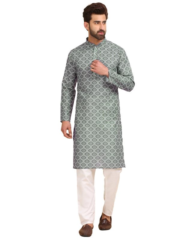 Larwa Cotton Blend Printed Multiclour Kurta Pyjama set For Men