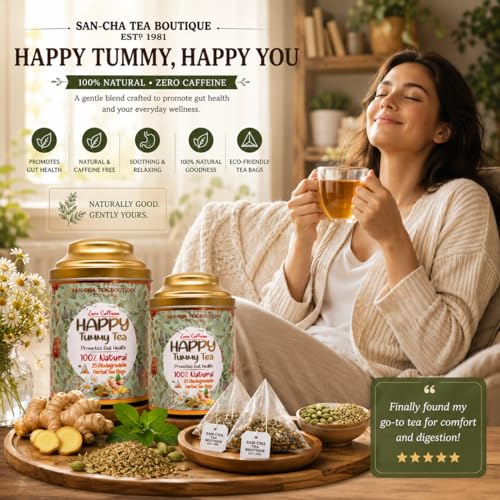 Image of Sancha Tea Boutique, Happy Tummy Tea, Caffeine Free Herbal Tisane, 25 Pyramid Bags, Digestive Teas, Tummy Detox (Pack of 2)