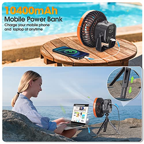 Camping-Fan-with-LED-Lantern-10400mAh-Rechargeable-Portable-Tent-Fan-with-Detachable-Tripod-Power-Bank-180Head-Rotation-Quiet-Motor-Perfect-Battery-Operated-USB-Fan-for-Picnic-Barbecue-Fishing