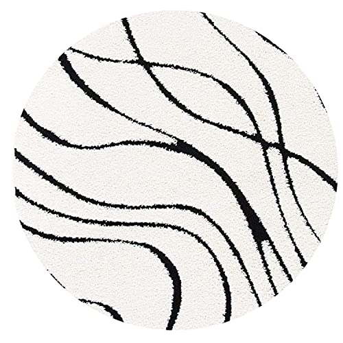 Image of Geometric Wave Round Shaggy Carpet for Living Room, Bedroom, High Low Design Finish Microfiber 1.8 Inch Pile High, 8x8 Feet Ivory|Black Color