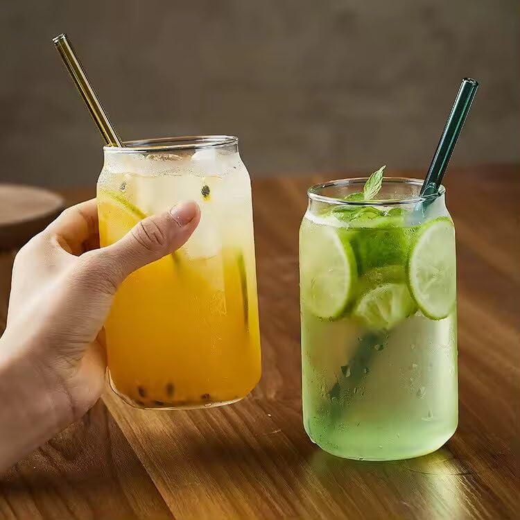 Image of ANKUL Round Glass Tea Coffee Sipper Tumbler with Starw- 510ml- Set of 2 Fruit Juice Milk Soda Water Drinking Glass Mug with Starw Cup (Round Mug, 2)
