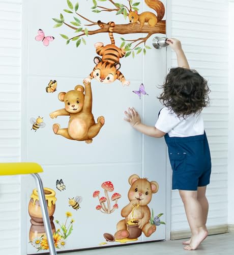 Bear & Tiger Wall Stickers for Nursery Watercolor Forest Animal Wall Decals with Squirrel, Bees & Honey - Image 2