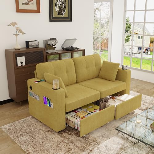 Canapé d'angle 2 places, canapé moderne avec 2 tiroirs de rangement, accoudoirs avec porte-gobelets, ports de chargement USB, poches latérales et...