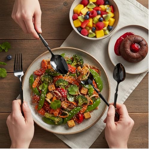 Image of 5 Pcs Black Cutlery Set for Dining Table the Perfect Lightweight Silim Handle Tableware Including Dinner Spoon, Dinner Fork, Dinner Knife, Dessert Spoon & Dessert Fork