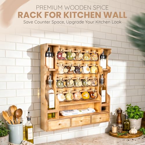 Image of Byers Choice TX Pine Wooden Spice Rack Organizer for Countertop with Rounded Corners and Ample Storage Space - Freestanding Spice Jar Rack with Drawers for Kitchen Pantry, Apothecary