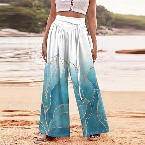 Generic Women Casual High Waist Wide Leg Pants Fall Floral Long Lounge Beach Trousers Drawstring Flowy Baggy Palazzo2