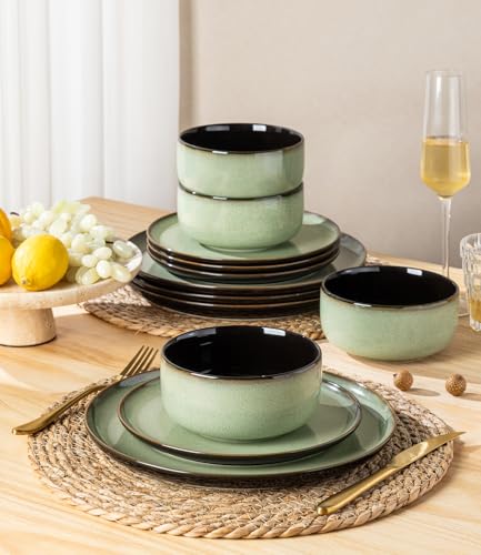 Image of LERATIO Ceramic Dinnerware Sets for 4,12 Pieces Poreclain Plates and Bowls Sets,Scratch Resistant Dishes,Dishwasher & Microwave Safe Dishes Set,Service for 4-Light Geen